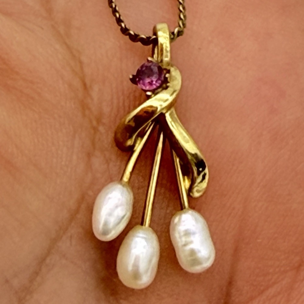 Vtg Donald Brue & Co DEC 14k Gold Filled Ruby & Pearl  Pendant Necklace 18"